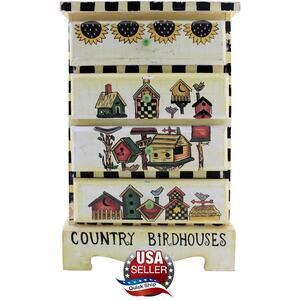 VTG Folk Art Mini 4 Drawer Wood Chest •Handmade & Painted •Birdhouses Sunflowers